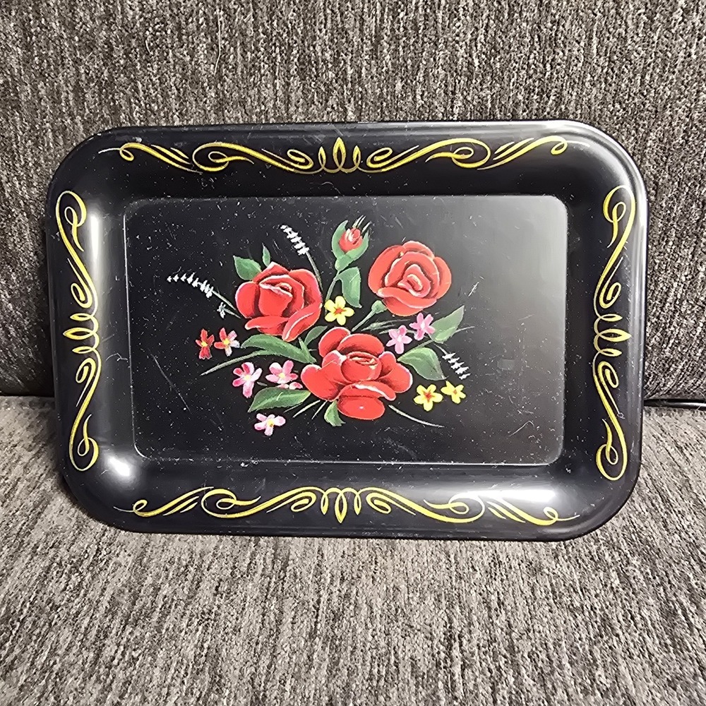 Vintage Toleware Tray Handpainted‎ Red Roses Black Rectangular Metal 6.5 x 4.5"